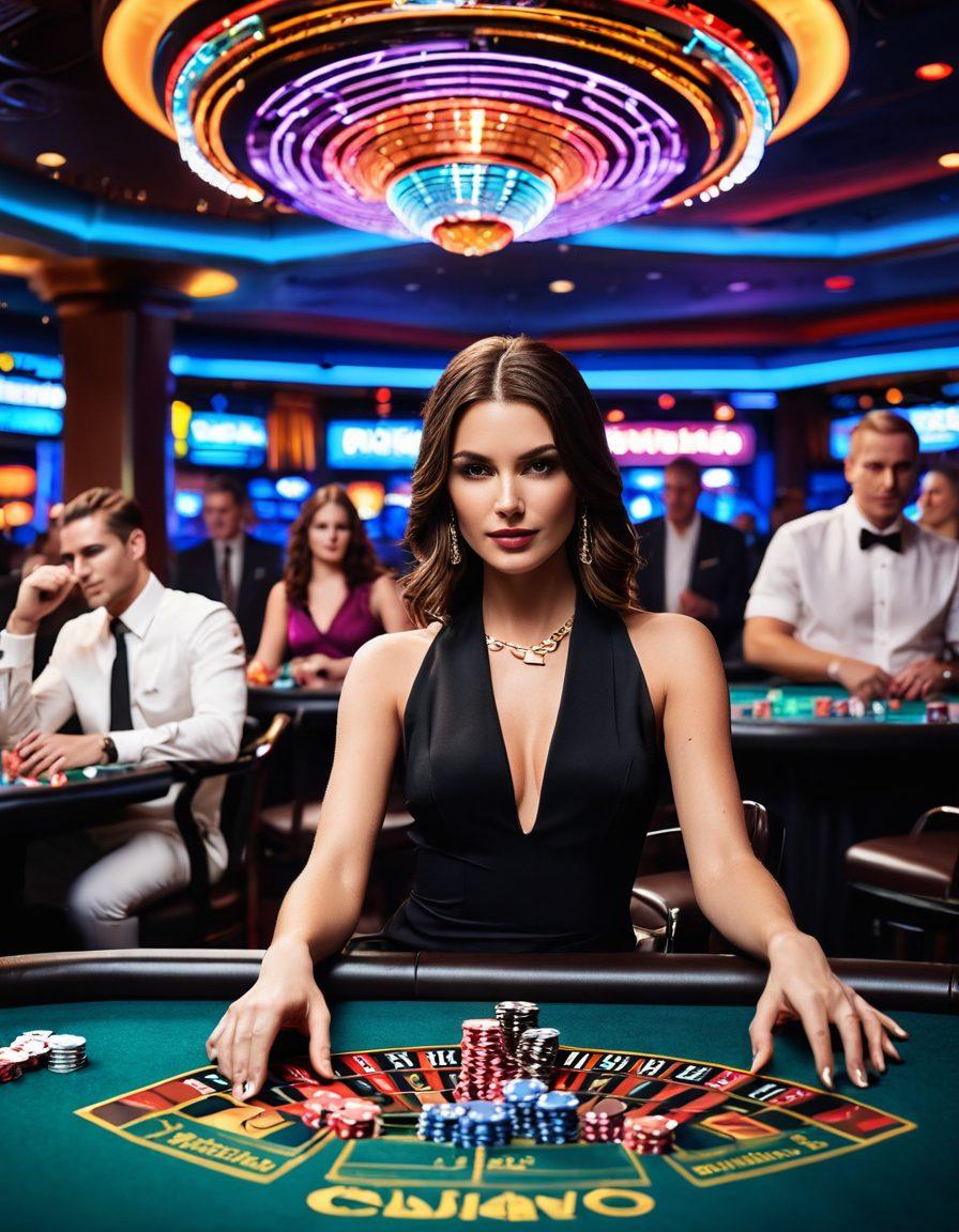 A dynamic high-stakes casino scene, featuring a glamorous poker table surrounded by players in sleek attire, colorful chips flying as they engage in intense gameplay. Neon lights glow overhead, illuminating the slots and roulette tables in the background, with a lively crowd cheering. Emphasize the thrill and excitement of virtual casinos with a futuristic touch. vibrant colors. super-realistic.