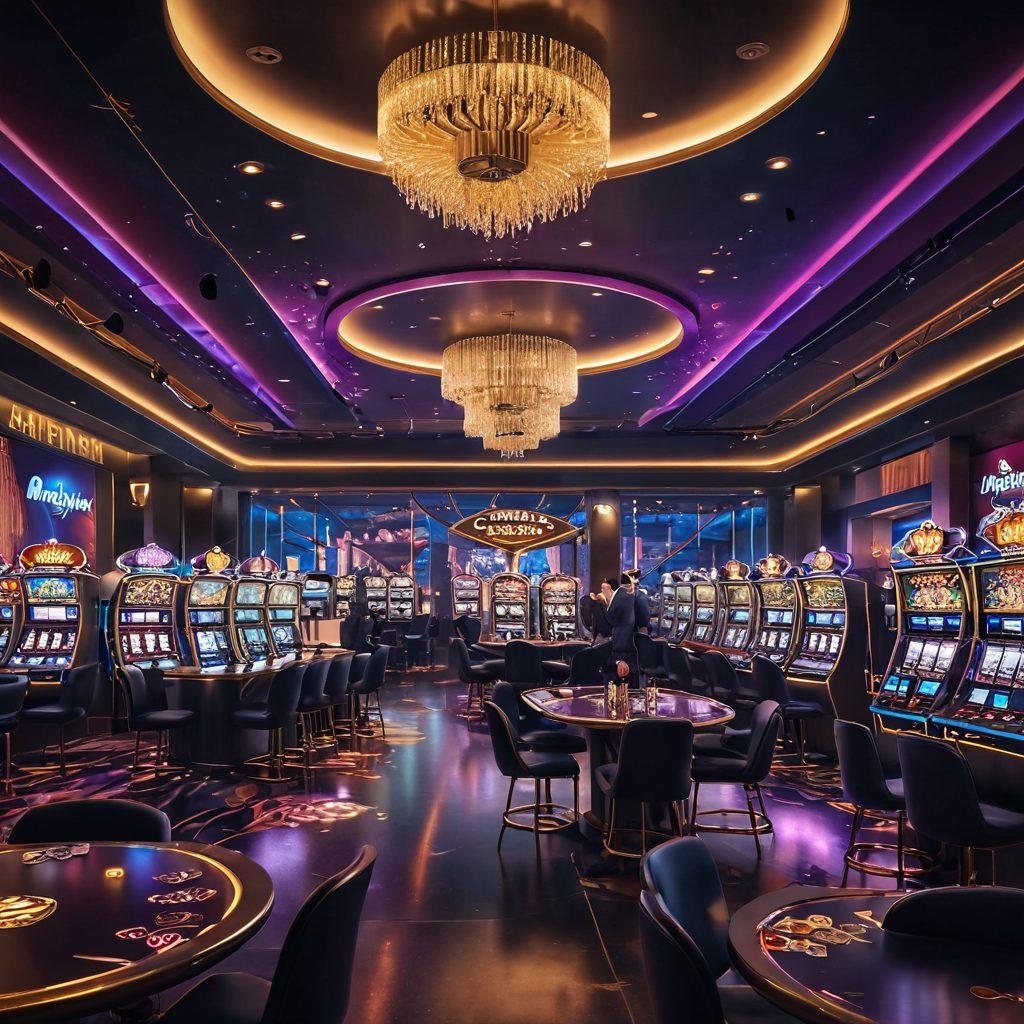 A vibrant and alluring scene featuring a futuristic casino filled with glowing slot machines, colorful poker tables, and excited players winning big. In the foreground, a large gold key symbolizes unlocking bonuses and opportunities, with cascading coins and confetti around it. The ambiance has bright neon lights reflecting off sleek surfaces, creating an inviting atmosphere. super-realistic. vibrant colors. 3D.